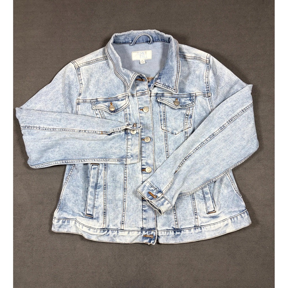 Time And Tru Trucker Jacket Women XL(16-18) Blue Denim Cotton Stretch Light Wash